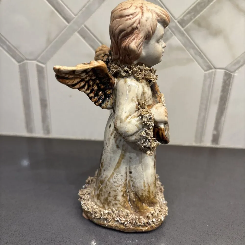 Vintage Cherub Angel Playing Mandolin Lute Resin 6” Spaghetti Trim Holy EUC